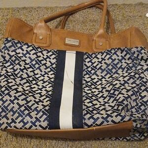 Tommy Hilfiger Brown and Blue Tote Bag with Leather Trim